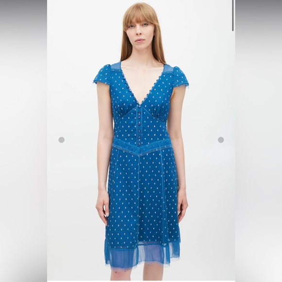 Marc Jacobs Dresses & Skirts - Marc Jacobs 100% Silk Blue Floral Mini Dress Sheer Trim Button Detail Size 4